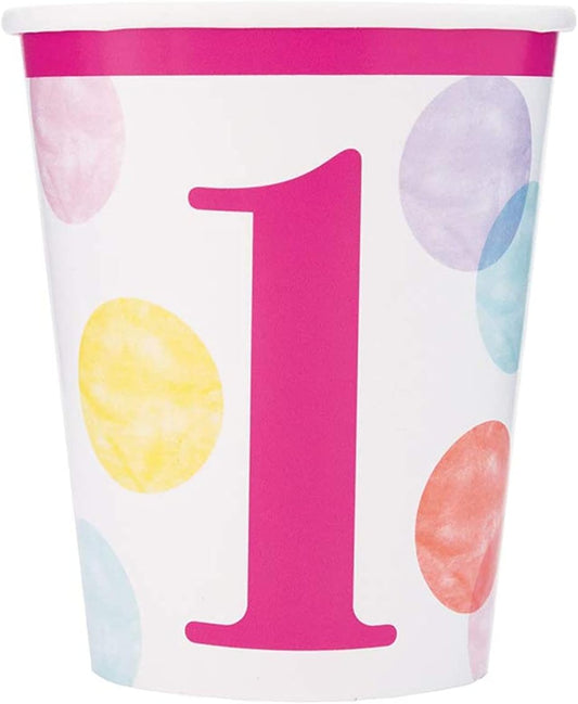 8pcs Pink Dots 1st Birthday Cups