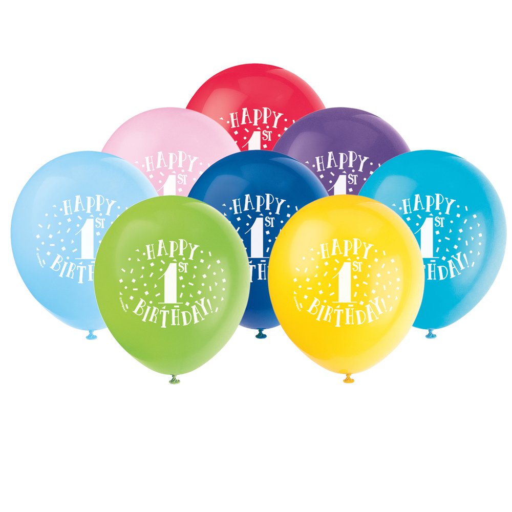 8pcs 12" "Happy 1st Birthday" Balloons (Helium)