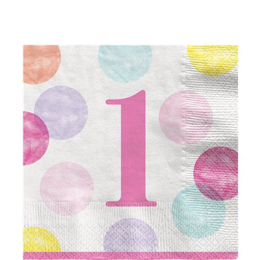 16pcs Pink Dots 1st Birthday Luncheon Napkins