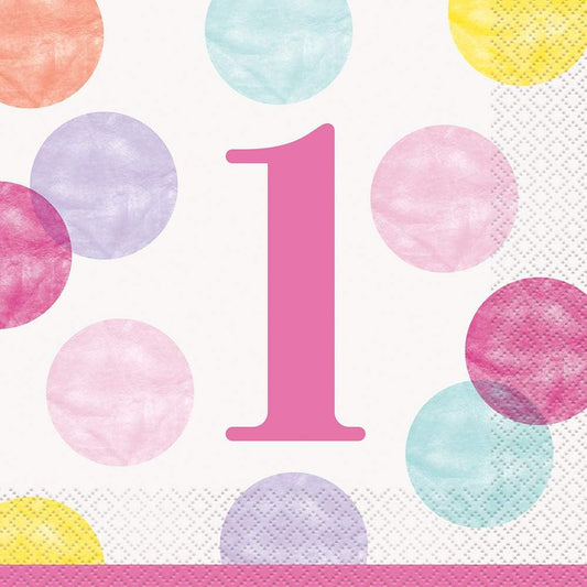 16pcs Pink Dots 1st Birthday Beverage Napkins