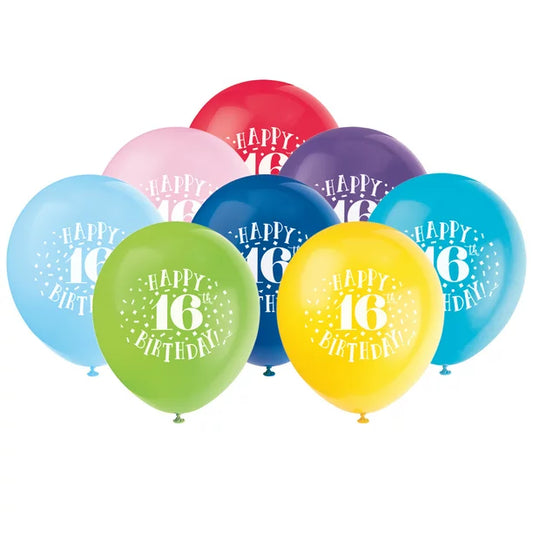 8pcs 12" "Happy 16th Birthday" Balloons (Helium)