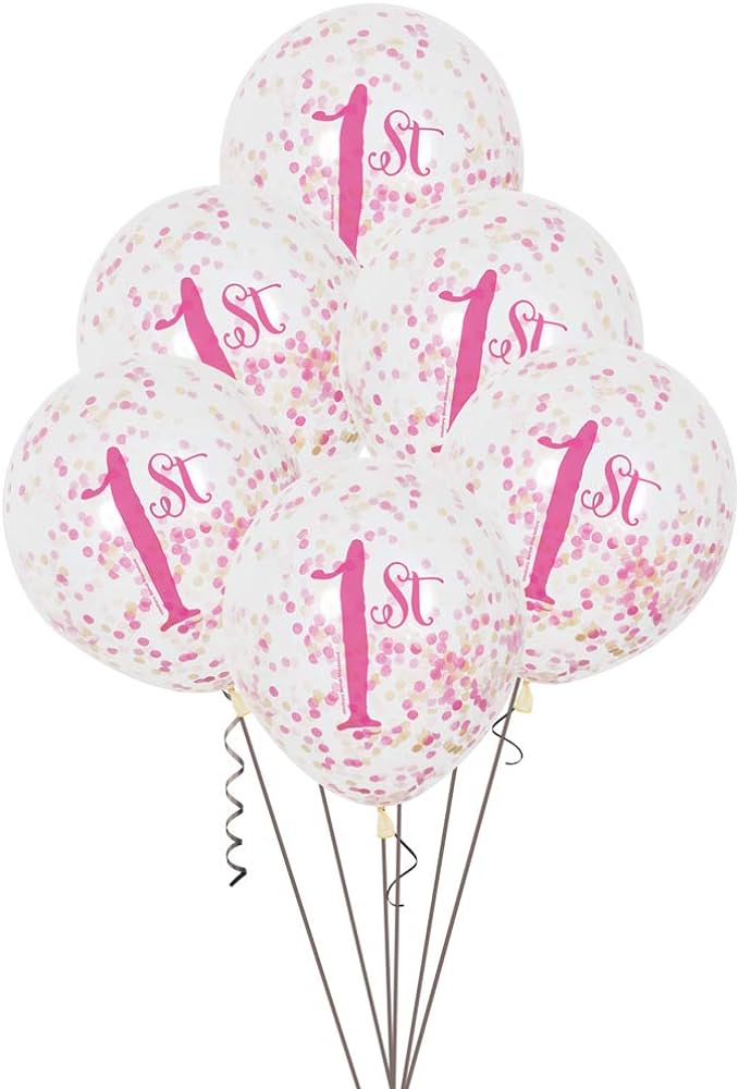 6pcs 12" 1st Birthday Pink Confetti Balloons (Helium)