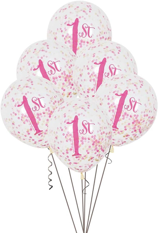 6pcs 12" 1st Birthday Pink Confetti Balloons (Helium)