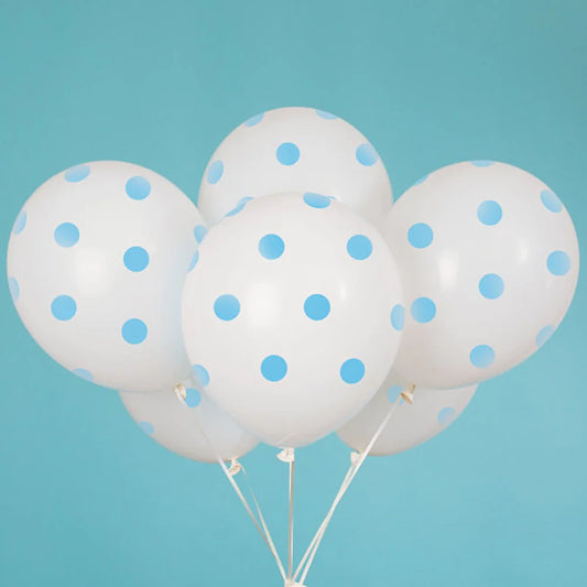 6pcs 12" White & Blue Polka Dot Balloons (Helium)