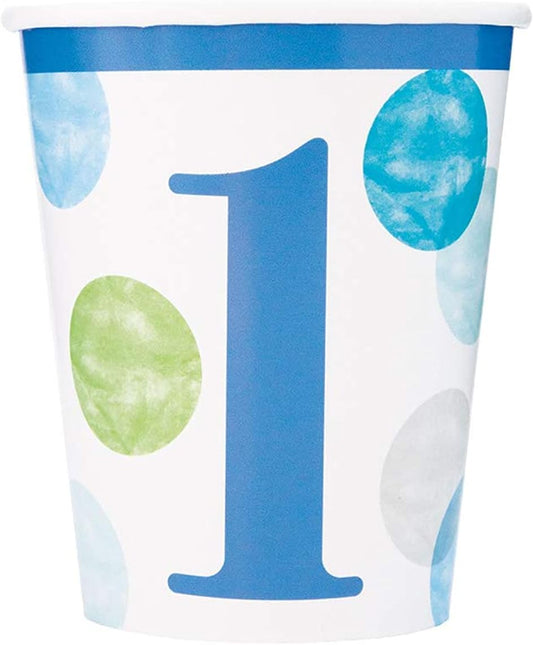 8pcs 9oz Blue Dots 1st Birthday Paper Cups