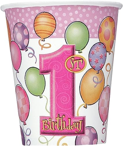 8pcs 9oz First Birthday Pink Paper Cups