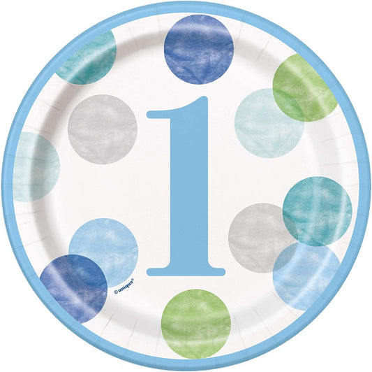 8pcs Blue Dots 1st Birthday 7" Plates