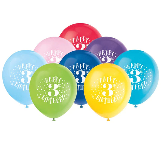 8pcs 12" "Happy 3rd Birthday" Helium Balloons (Helium)