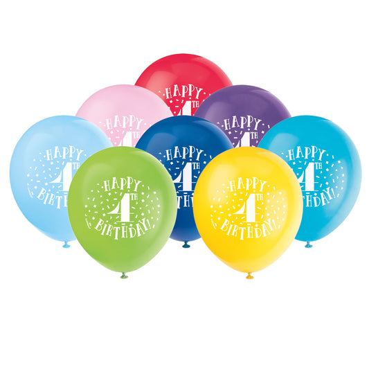 8pcs 12" "Happy 4th Birthday" Balloons (Helium)