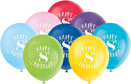 8pcs 12" "Happy 8th Birthday" Balloons (Helium)