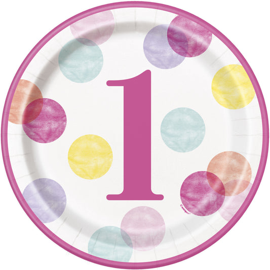 8pcs Pink Dots 1st Birthday 9" Plates