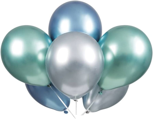 6pcs 11" Platinum Metallic-Effect Blue, Green, Silver Balloons (Helium)